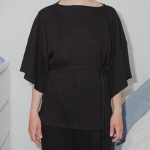 BASERANGE The Clair Wrap Top Black Organic Cotton Ribbed Open Back Cross Tie Top